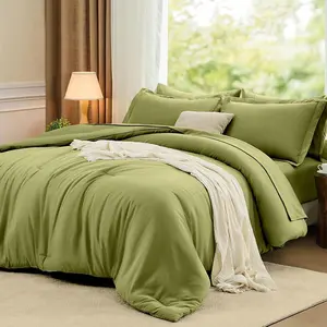 Queen Comforter Set Olive Green, 7 Pieces Soft Bedding Sets Queen Size, All Season Lightweight Bed in a Bag with Comforter, Flat Sheet, Fitted Sheet, Pillo