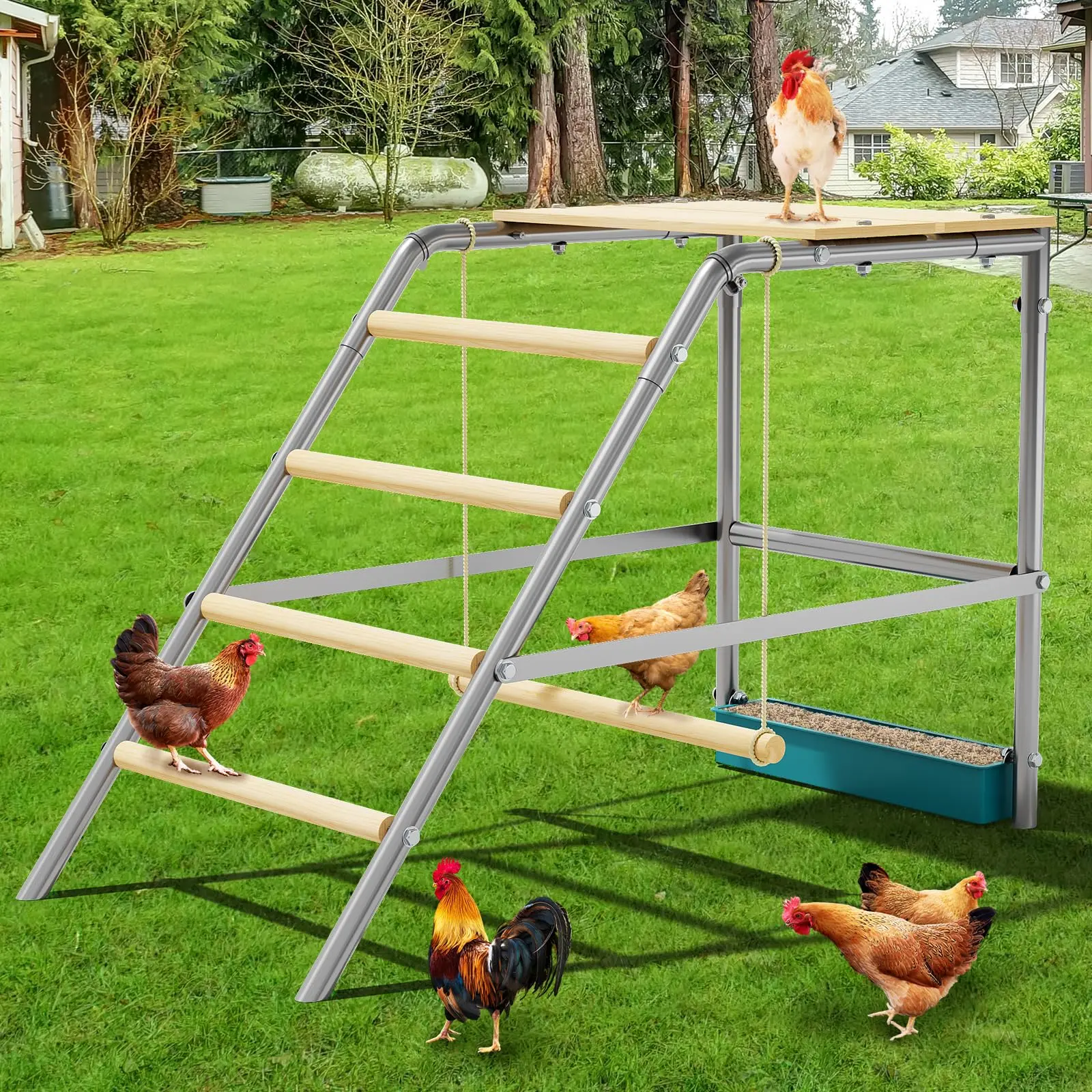 Chicken Perch for Coop, Chicken Roosting Bars with Swing and Food Box for Backyard Farm, Roosting Bars for Chickens in Coop, 37.4"x18.9"x28"