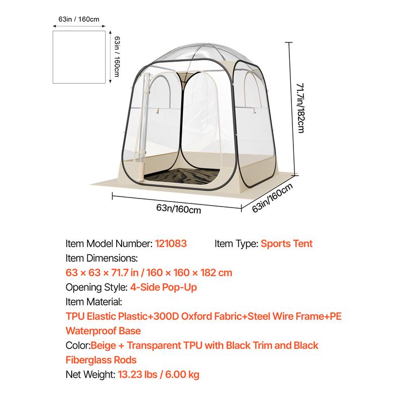 VEVOR Pop up Sports Tent,  63x63 in Clear Bubble Tent for 2-4 Persons, Waterproof Outdoor Pod with Floor Mat & Top Cover, Garden Igloo Dome Tents Camping Shelter for Events Fishing Cheering