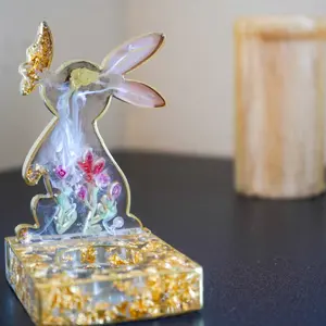 Decorative Easter Bunny Figurine with Floral Design, Gold Foil Base, Resin Art Display