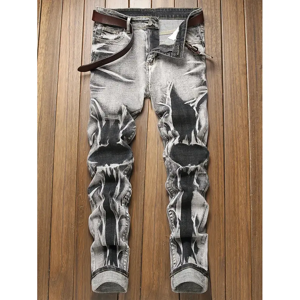 Stretch jeans with smoke wash and fire stroke print, slim fit; gothic punk, hip hop street pants