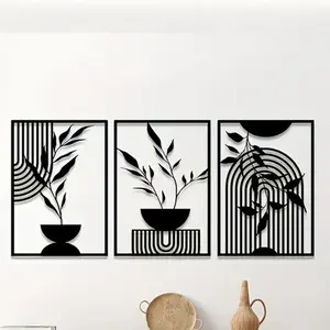 3-piece set of black metal wall decorations, simple wire hanging decorations, abstract metal wall carvings, Bohemian style wall hanging, suitable for bedroom, bathroom, living room, indoor and outdoor use, Floral Abstract Design, Aesthetic Wall Decor