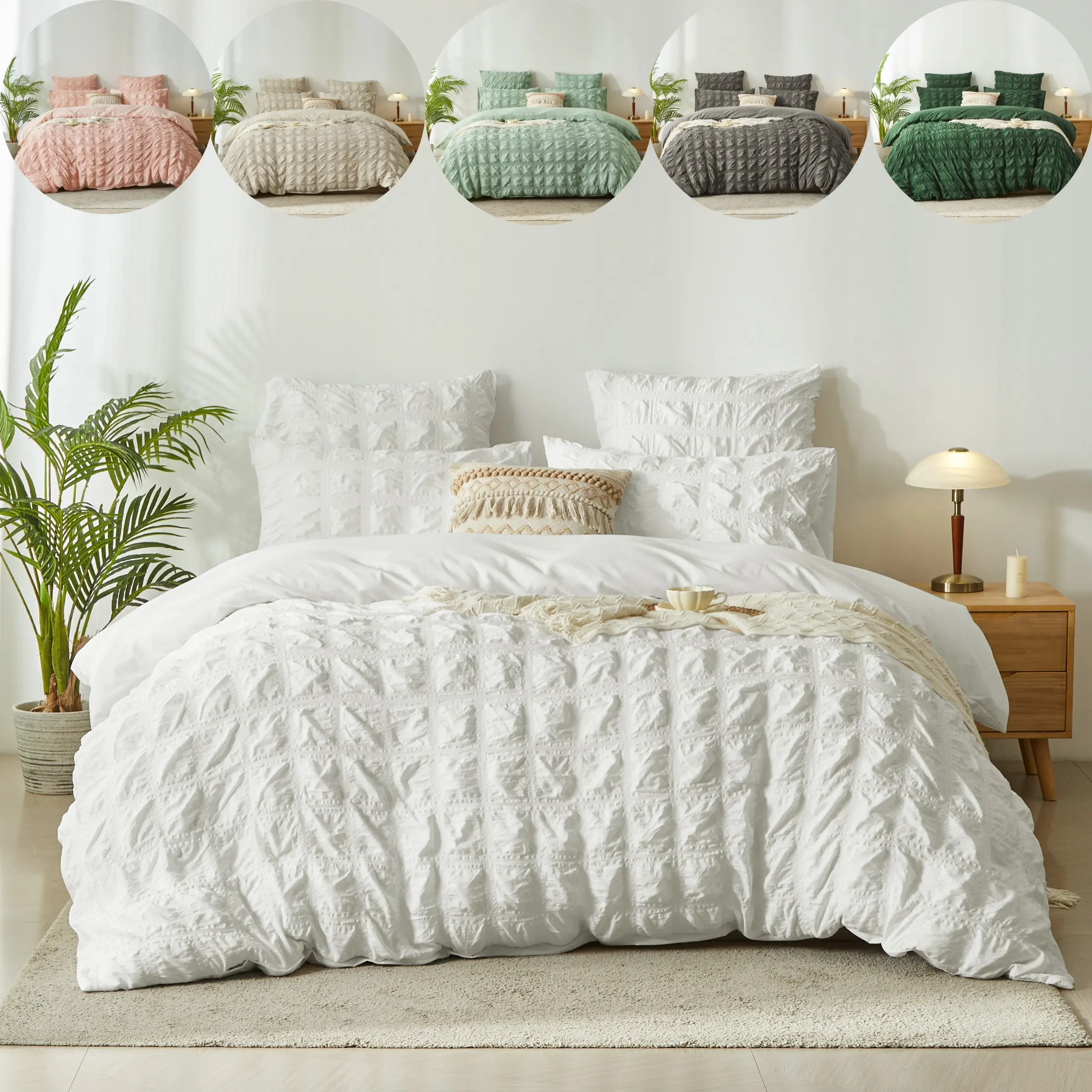 Breathable Single Color Full-Polyester Seersucker Sheet Set, All-Season Use, Zipper Closure, Comfortable Bedding for Home Decor, Soft Bedding Sets, Comfy Bed Sets