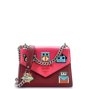 Pre-owned PRADA Leather Shoulder Bags Robot Patches Envelope Flap Chain Shoulder Bag Saffiano Small by Rebag