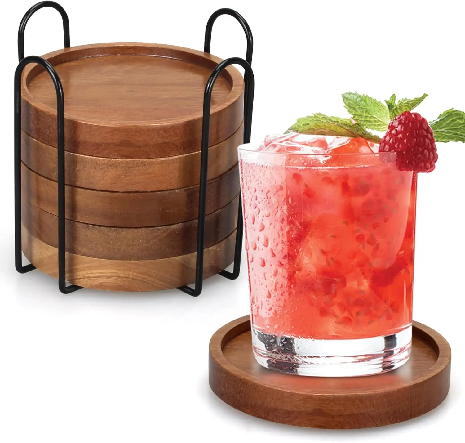 Wooden 6-Piece Acacia Wood Coaster Set with Holder, Modern Tableware Accessories for Coffee Table, Home Dining Kitchen Decor