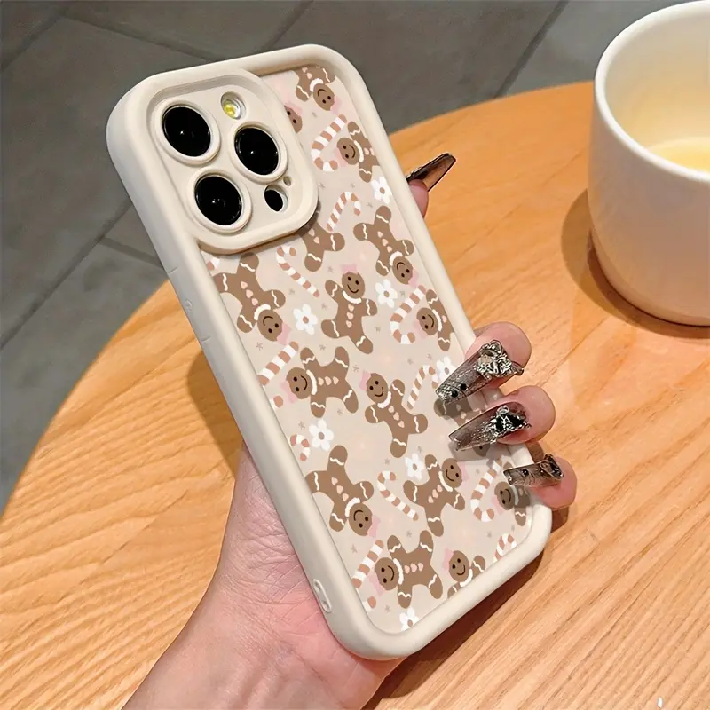 White Christmas Full Screen Gingerbread Man and Candy Phone Case for IPhone 17 Pro Max 16 Plus 15 14 13 12 11 Air E Shockproof Full Camera Protection Durable Slim Silicone Cover