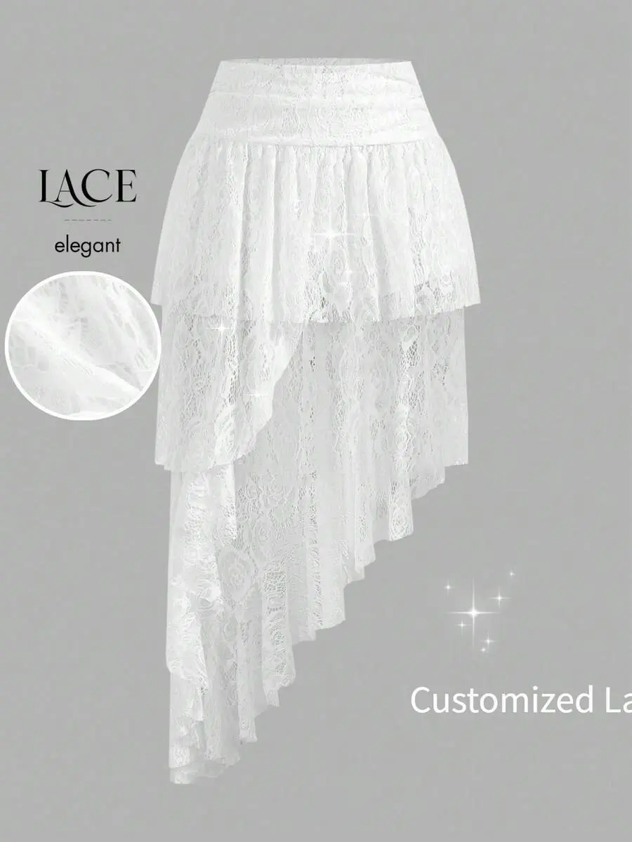 Women's White Lace Skirt Asymmetrical Ruffle Low Waist Knitted Bottom for Stage Concert and Vacation