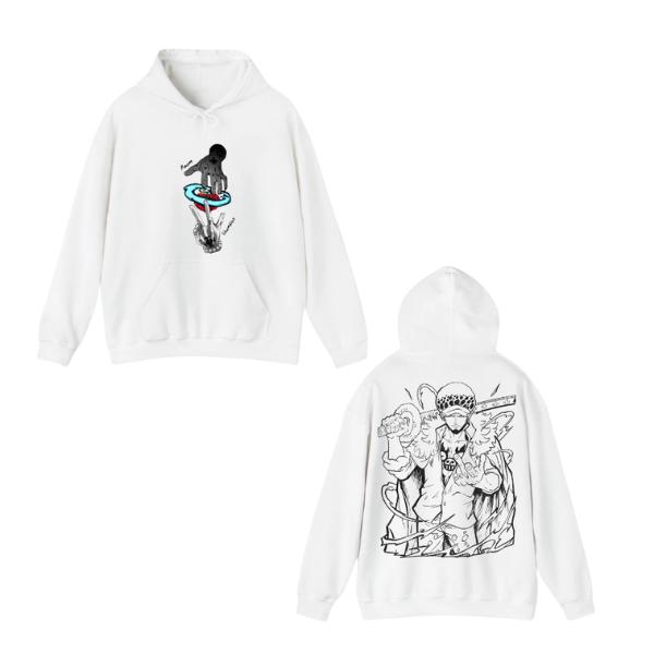 Trafalgar Law White Hoodie – Anime Pullover with Front ROOM Attack Print & Back Samurai Artwork – Streetwear for Otaku Fans Design Graphic T-Shirt, Hoodie & Sweater