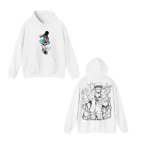 Trafalgar Law White Hoodie – Anime Pullover with Front ROOM Attack Print & Back Samurai Artwork – Streetwear for Otaku Fans Design Graphic T-Shirt, Hoodie & Sweater