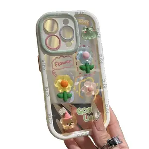 Frog Flower Doll Stand Compatible with Apple 16 Pro Max Phone Case Puff Cute 17 Phone Protective Cover 15 with Good Luck Bear Design