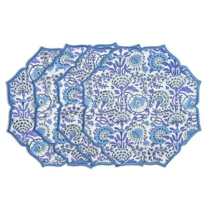 Embroidered Scalloped Cotton Placemats - Indigo Blue (Set of 4)