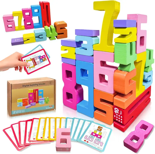 20 PCS Wooden Number Building Blocks Set | Montessori Math Learning Toy | Number Stacking Game with Learning Cards | Educational Preschool Toy for Kids
