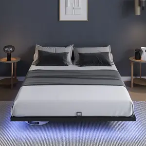 Floating Bed Frame with LED Lights Modern Platform Full Queen King Size Slide Stopper Easy Assembly No Box Spring Needed Noise Free