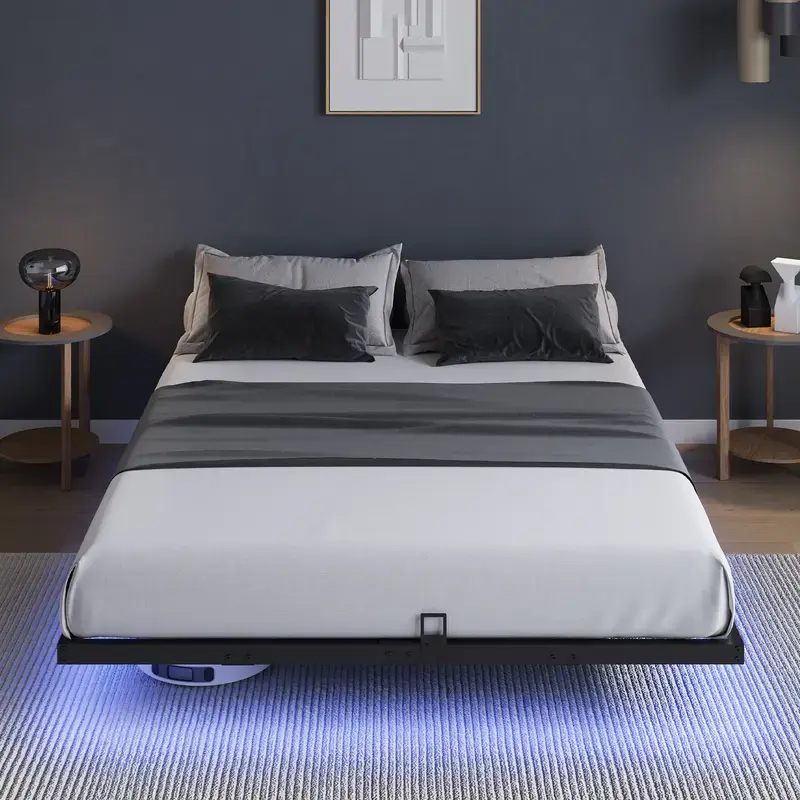 Floating Bed Frame with LED Lights Modern Platform Full Queen King Size Slide Stopper Easy Assembly No Box Spring Needed Noise Free