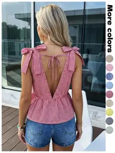 Summer Casual Deep V Plaid Tank Top, Straps Bow Backless Ruffle Waist, Slimming Versatile Sleeveless Shirt for Daily Outing