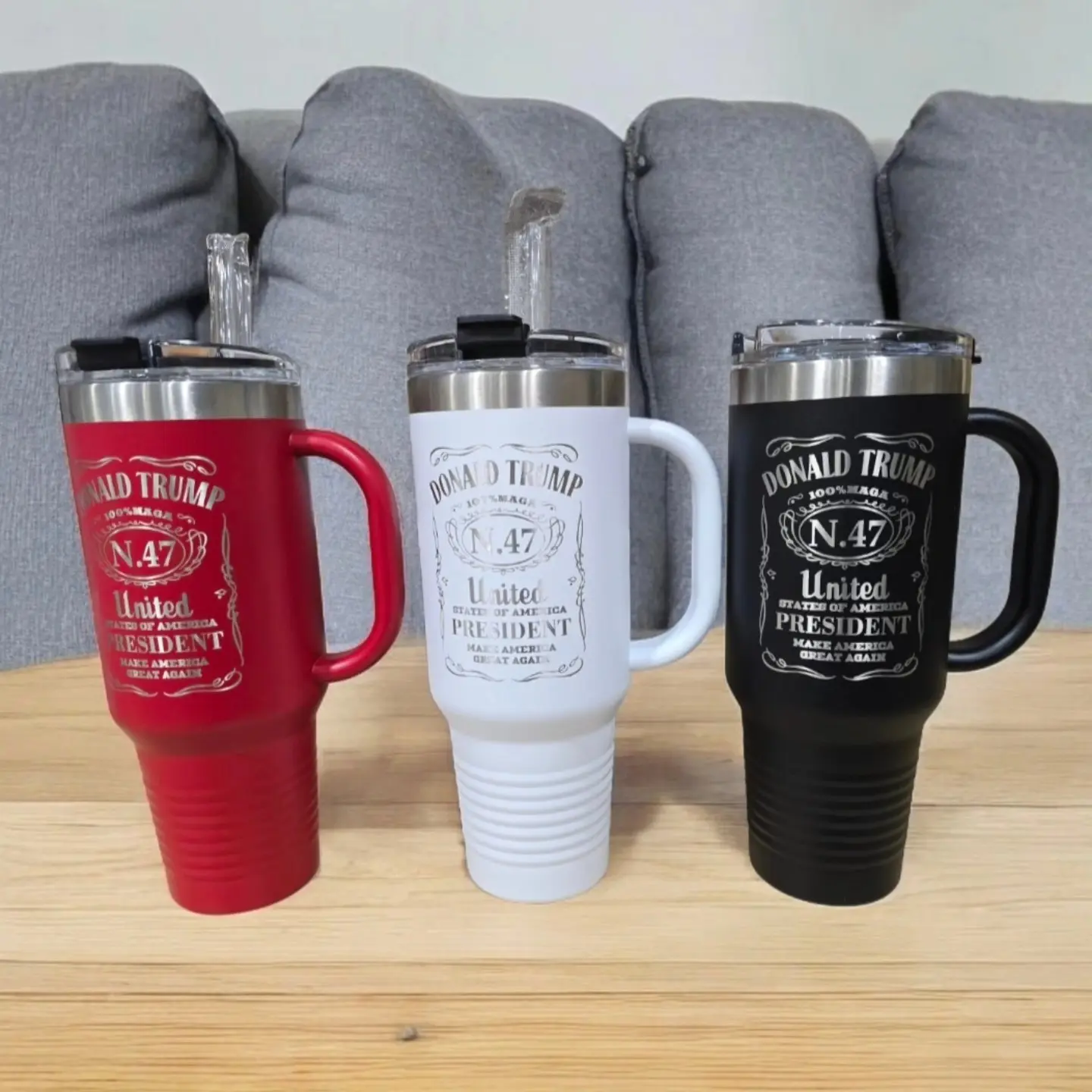 40 oz JDS tumbler with handle comes in 3 colors Red, Black and White Trump logo engraved on tumbler