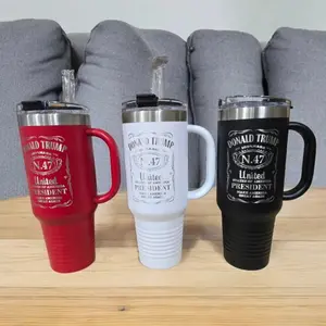 40 oz JDS tumbler with handle comes in 3 colors Red, Black and White Trump logo engraved on tumbler