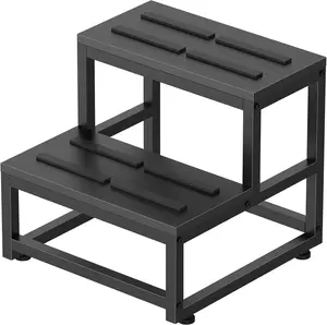 Black 2-Step Stool for Adults Kids - Heavy-Duty Sturdy Steel Frame, Wooden Steps, 500lbs Load Capacity, Non-Slip Indoor Footstool for High Bed, Kitchen, RV