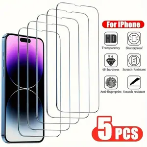 Full Coverage Tempered Glass Screen Protector for iPhone 16 15 14 13 12 11 - Pack of 5