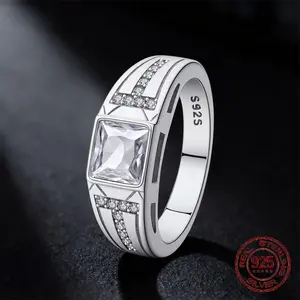 Men's Ring 925 Sterling Silver Couple Rings Square CZ Inlay Minimalist Daily Wear Jewelry Gift for Men Valentine's Day Gift