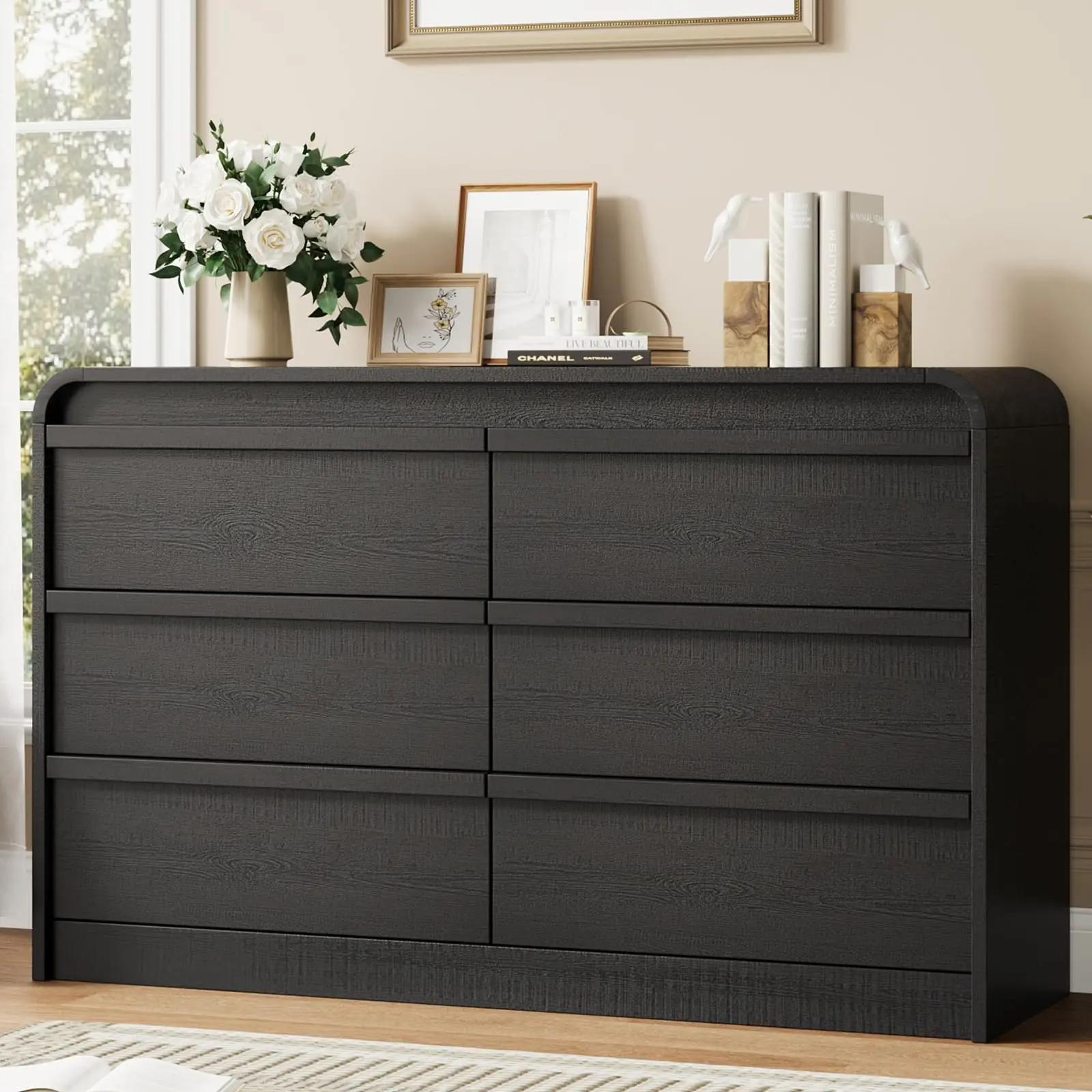 Garvee Arched 6 Drawer Dresser for Bedroom, 47" Wide Wooden 6 Chest of Drawers with Curved Profile Design, Modern Closet Storage Organizer for Living Room, Entryway, Nursery - Black - TikTok Shop Garvee Arched 6 Drawer Dresser for Bedroom, 47" Wide Wooden 6 Chest of Drawers with Curved Profile Design, Modern Closet Storage Organizer for Living Room, Entryway, Nursery - Black - TikTok Shop