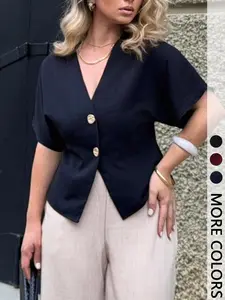 Women's Solid Color Basic Minimalist V-Neck Cropped Blouse , Short Sleeve & Gold Button Detail & Loose Fit, Perfect for Office Outfits/Street Outings/Photo Shoots/Weekend Events Womenswear Casual Top 1pc