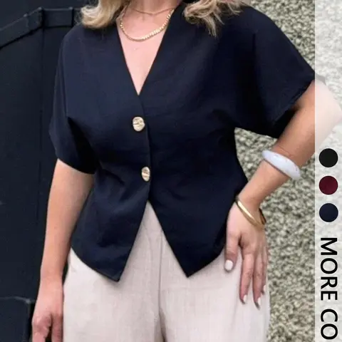 Women's Solid Color Basic V-Neck Blouse (1pc), Short Sleeve & Gold Button Detail, Perfect for Office, Street Outings, Photo Shoots & Weekend Events, Womenswear, Casual Loose-Fit Top, Business Casual Top