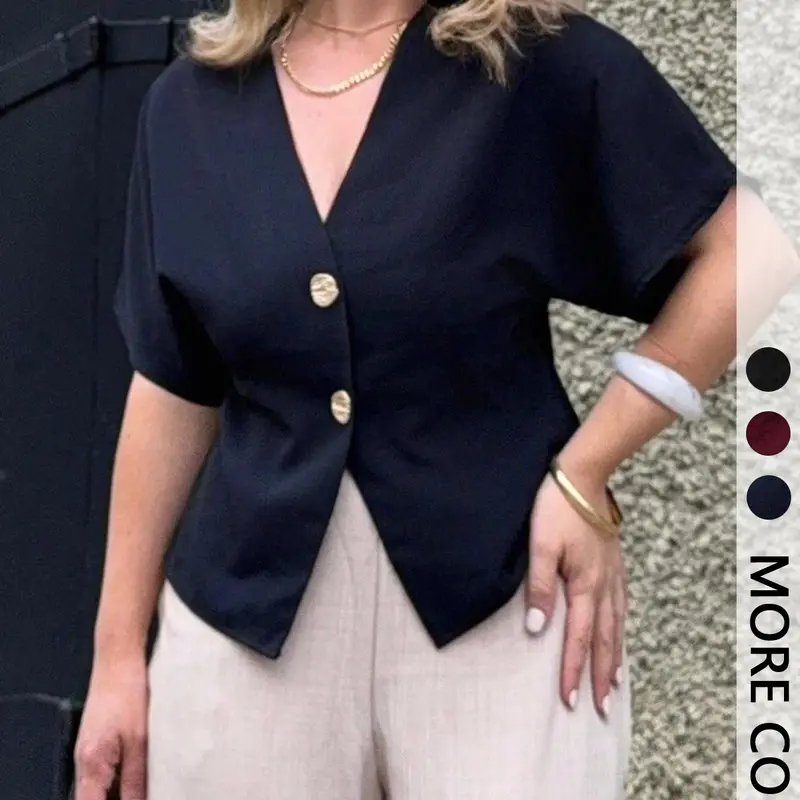 Women's Solid Color Basic V-Neck Blouse (1pc), Short Sleeve & Gold Button Detail, Perfect for Office, Street Outings, Photo Shoots & Weekend Events, Womenswear, Casual Loose-Fit Top, Business Casual Top
