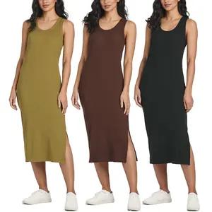 Real Essentials 3 Pack: Women's Ribbed Knit Sleeveless Crew Neck Tank Casual Midi Shift Dress with Slit
