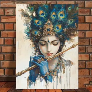 1pc Elegant Peacock Feather & Flute Canvas Wall Art – Vibrant Blue-Tinted Woman with Intricate Jewelry, Ready-to-Hang Home Decor for Living Room, Office, or Corridor, Perfect Gift Idea, Corridor Artwork |  Rich Color, Wood Ornaments