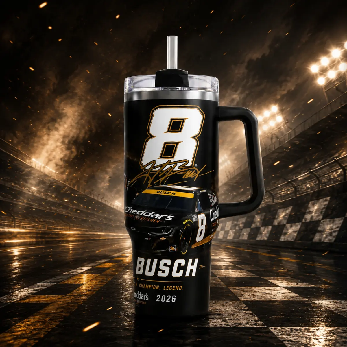 40oz Insulated Vacuum Flask - Kyle Busch Number 8 Racing Cylindrical Tumbler, Black Gold Stock Car Fan Single Cup, Race Driver Tribute Drinkware, Garage Race Day Gift For Dad