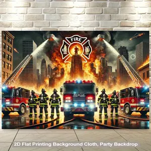 2D Flat, 1pc Firefighter Heroism Polyester Fabric Backdrop - Vibrant Wall-Mounted Party Decoration for Living Room, Bedroom, Office, or Party Decor, Featuring Brave Firefighters in Action with Fiery Cityscape Design, Firefighter Decor