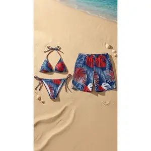 Matching Couple Swimwear, Tropical Leaf Print Bikini and Trunks Set