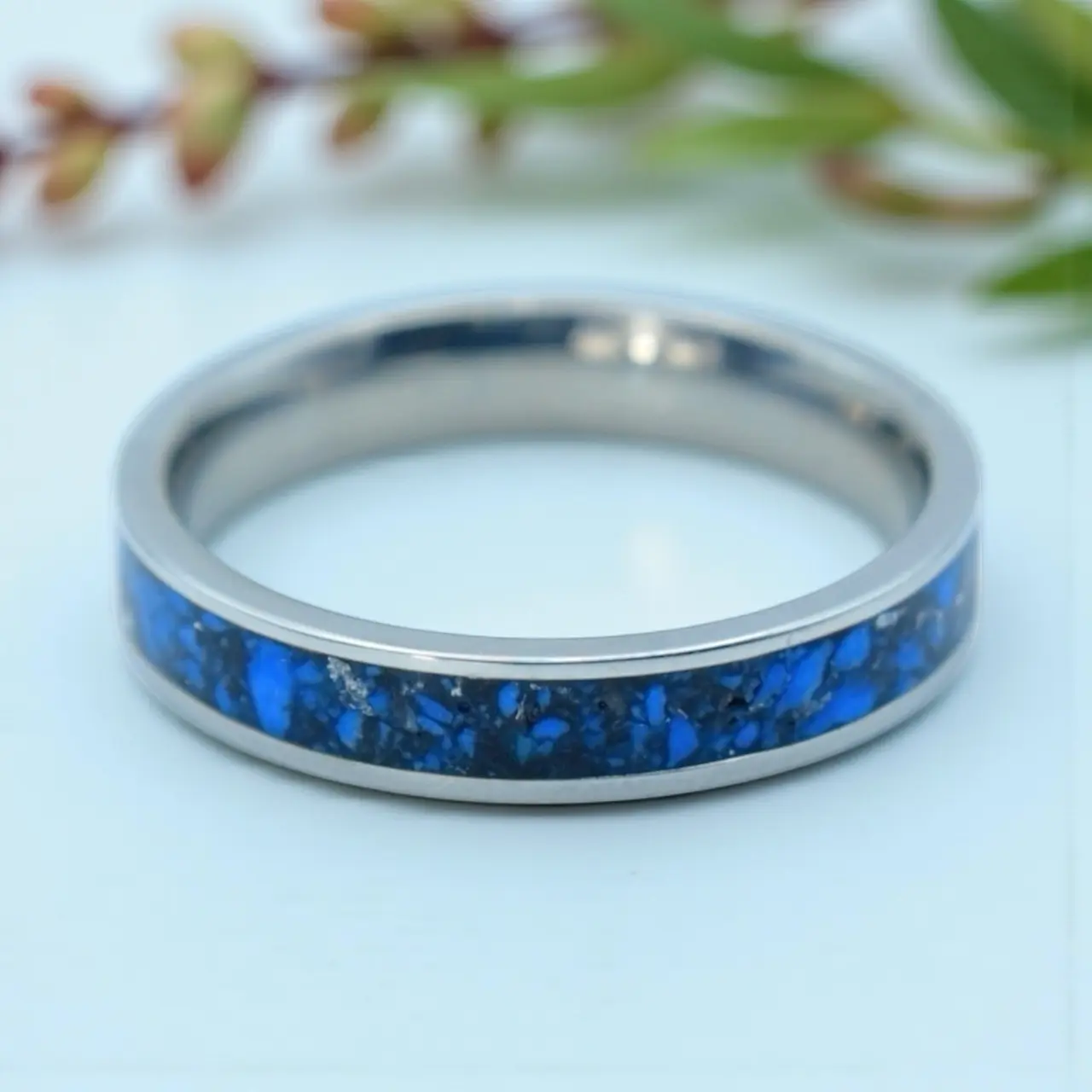 Venus Rings Silver Drift Band – Titanium Ring with Blue Inlay, Chrysocolla & Silver Leaf (Unisex)