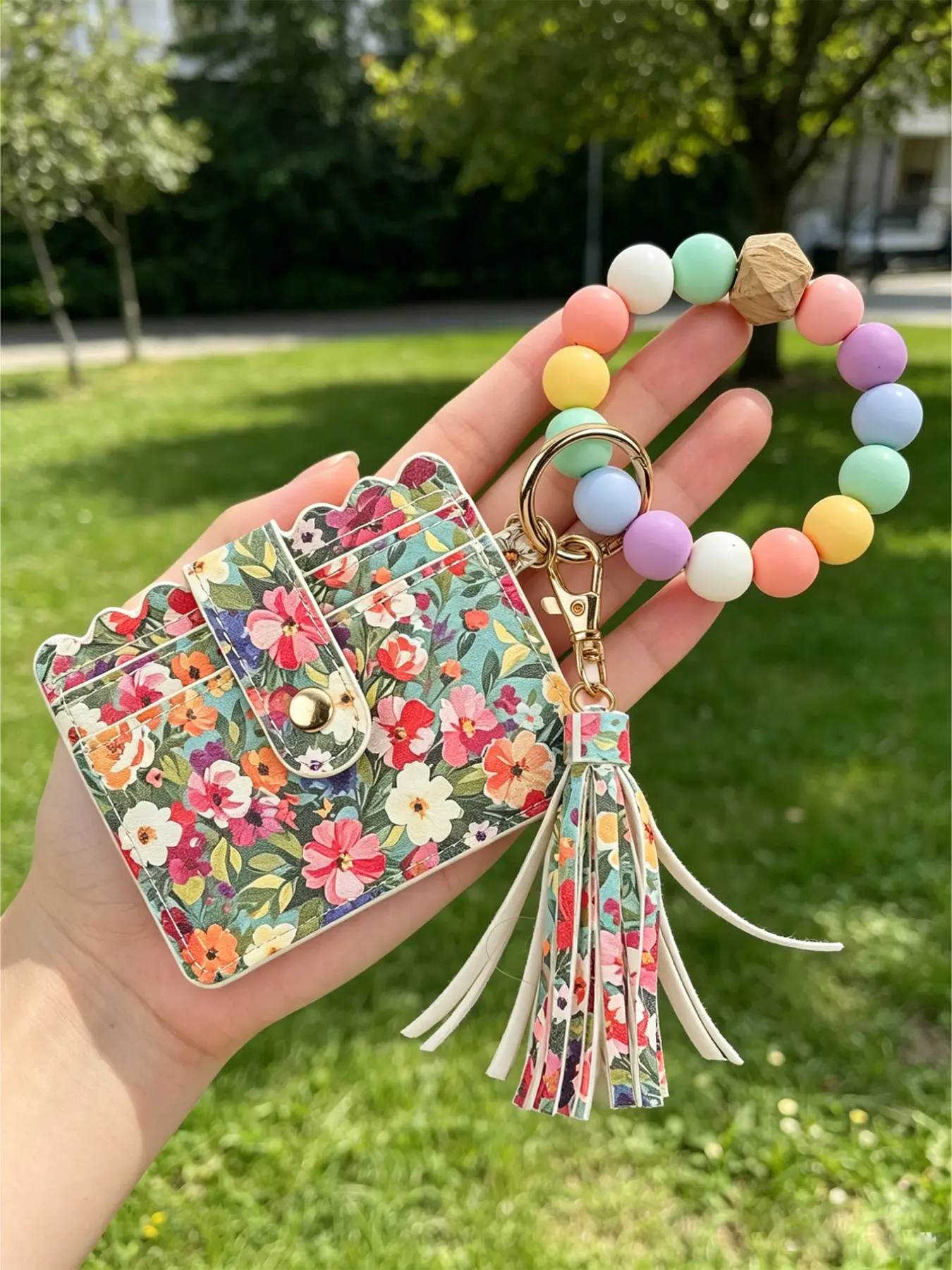 Floral Print PU Leather Card Holder Keychain, Silicone Beaded Wristlet with Tassel, Card Slots Credit Card Wallet for Women, Boho Style