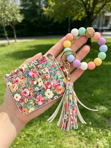 Floral Print PU Leather Card Holder Keychain, Silicone Beaded Wristlet with Tassel, Multi Slot Credit Card Wallet for Women, Credit Card Organizer, Boho Style