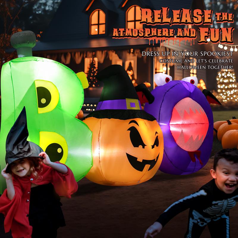 Halloween 8FT Inflatable Outdoor Decorations Boo Inflatable with Scary Eyes Pumpkin Monster Green Orange Purple Built-in LED Lights for Outside Lawn Holiday Decor