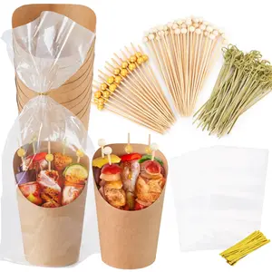 60pcs Individual 14oz Disposable Charcuterie Cups with Sticks,300pcs Cocktail Skewers,60 Portable Bags, Brown Paper Appetizer Cups for French Fry, Party Supplies