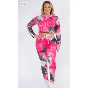 Plus Size Cropped Tie-Dye Fuchsia/Black Hoodie And Leggings Set Womenswear Overalls Lady Women Comfort