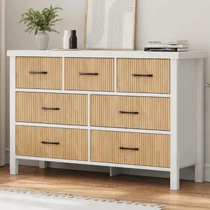 White Dresser 7 Drawer Dresser for Bedroom, Modern Fluted Dresser with Solid Woo