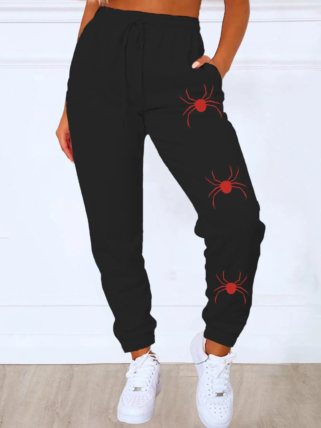 Women's Spider Print Drawstring Waist Sweatpants, Casual Pocket Jogger Pants for Daily Wear, Ladies Bottoms for All Seasons, Banded Bottom Sweatpants