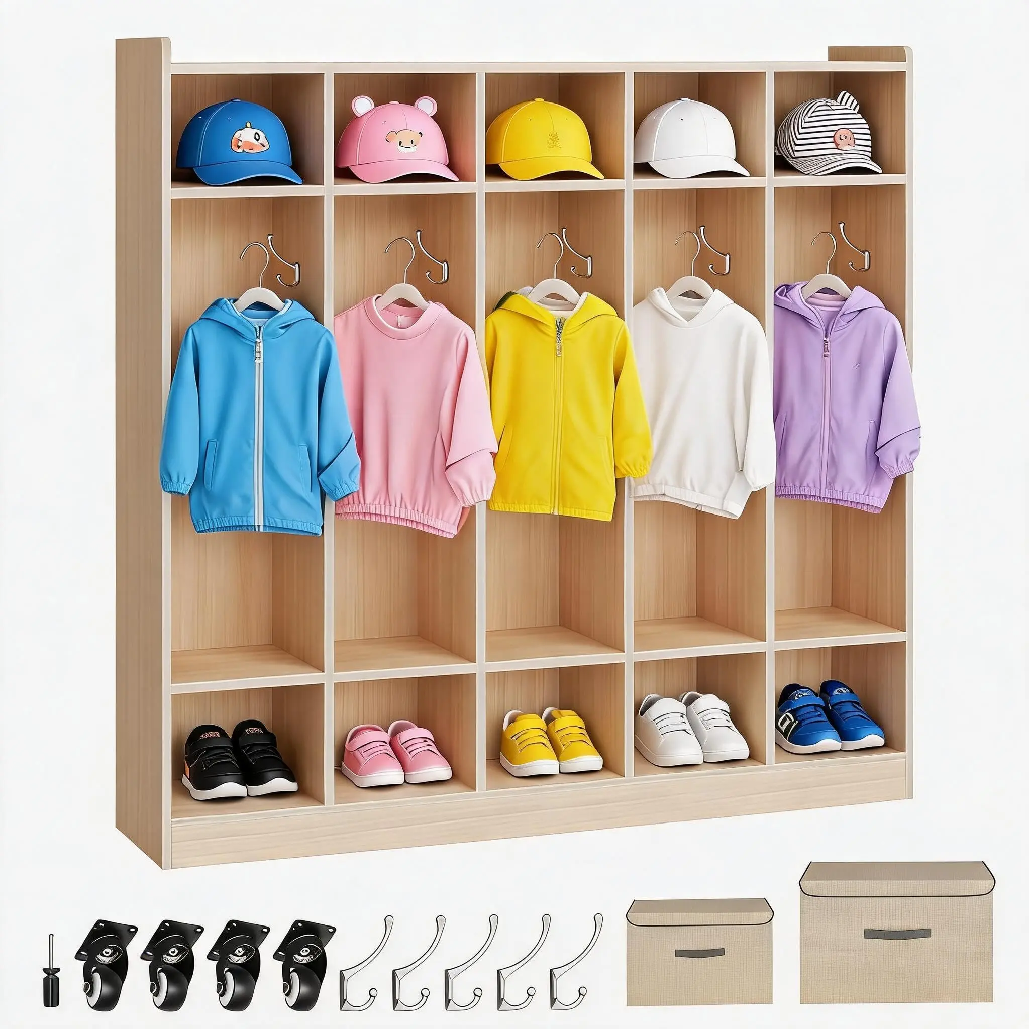 Garvee 5-Section Wooden Coat Locker with Casters,5 Hooks & 2 Storage Bin,121x30cm
