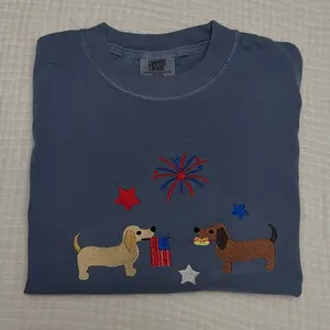 USA 2 dachshunds embroidered Fourth of July comfort colors T-shirt