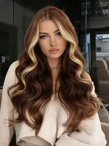 Chocolate Blonde Highlights Wig, 13x4 Lace Front, Synthetic Fiber, Wavy, Fall & Winter, Daily Use, Valentine's Day Gift