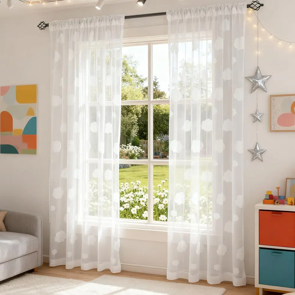 White 3D Cloud Sheer Curtain - 52" W x 84" Single Panel, Embroidered Pom Pom, Light Filtering Translucent Voile, Rod Pocket Window Covering for Girls Room Decor, Farmhouse Home Supplies