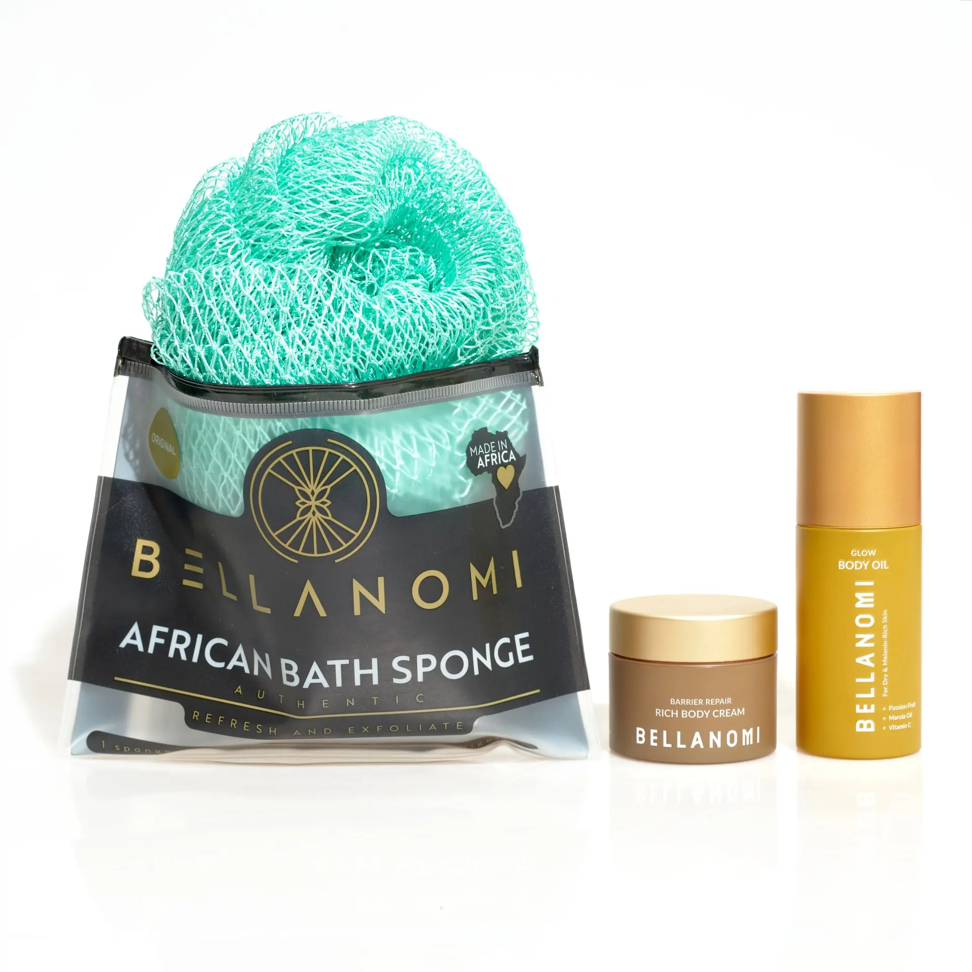 Bellanomi Hydrate + Glow Set - Mini Moisture-Rich Body Cream & Radiant Glow Body Oil with Free African Net Sponge for Dry Sensitive Skin