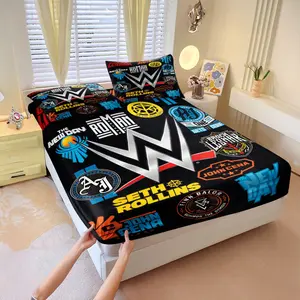 3-piece Fitted Sheet Bedding Set, Soft Bedding Sets, with Wrestling Logo Print and two Insert-free Pillowcases, It's Soft, Comfortable, And Exudes A Cool, Energetic Vibe, Making It A Perfect Bedroom Gift For Sports Enthusiasts