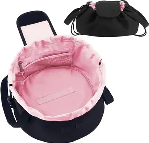 Travel Makeup Bag for Women – Lay Flat Drawstring Cosmetic Organizer, Large Capacity Toiletry Bag for Skincare, Makeup & Brushes, Portable Open Flat Design (Pink)