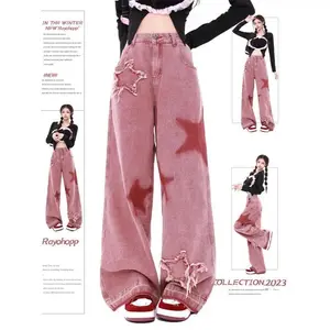 Retro American Embroidered Five-star Frayed Low-waist Women's Jeans Dirty Pink Wide-leg Pants Autumn Fashion Dopamine Style