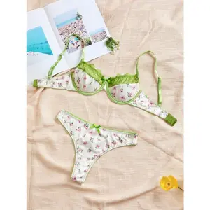 Women's printed lingerie bra and front bra set, adjustable shoulder strap bra and underwear set, women's lingerie set